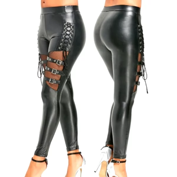 Leggings en Vinyle à lacets pour femmes, boucles noires, résille, aspect mouillé, vinyle brillant, leggings skinny sexy, pantalon bandage, également
