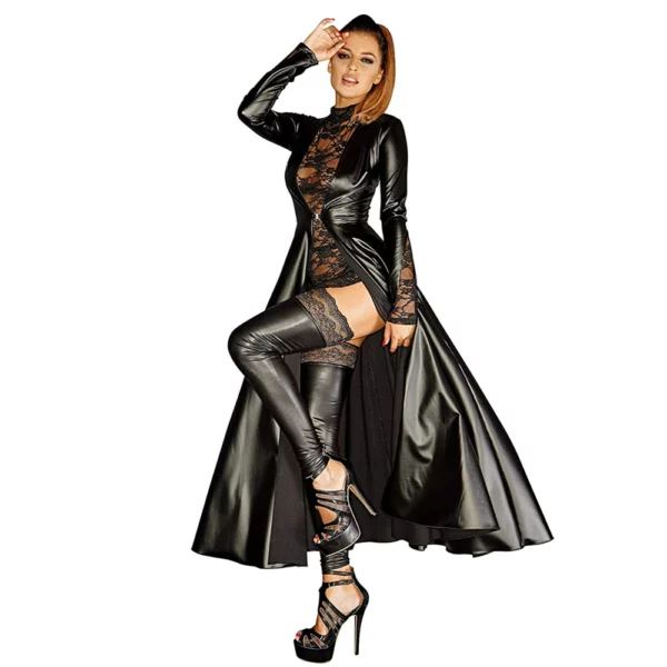 Wetlook-Robe longue en similicuir pour femmes,